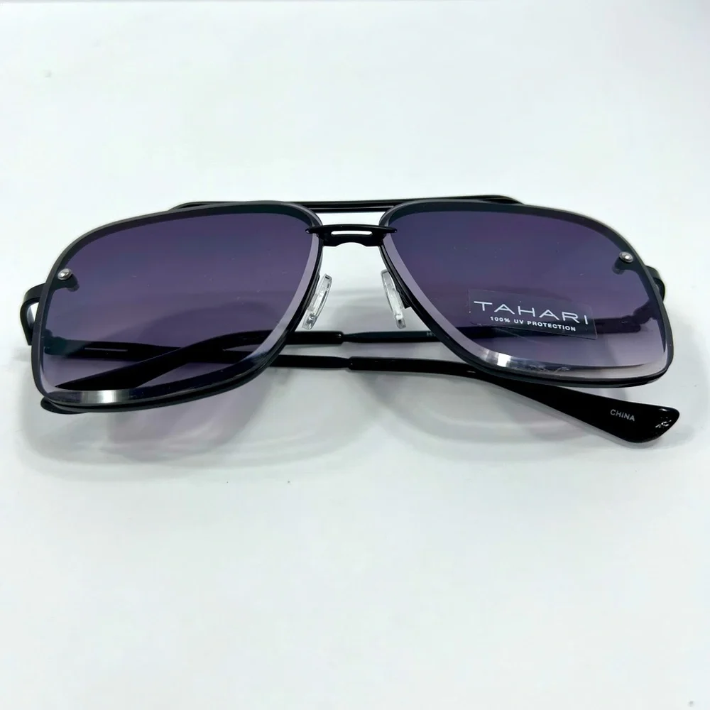 ⭐️TAHARI💯MENS MATT BLACK METAL SUNGLASSES, UNIQUE LENSES & FADING PURPLE COLOR